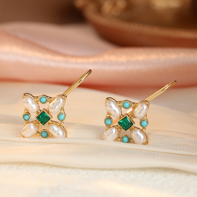 Vintage Luxury Ear Studs with Plated Green Ear Hooks